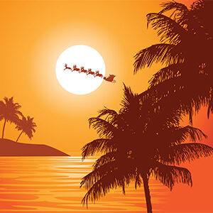 Palm trees sunset over the ocean with santa and reindeer flying sleigh in the background