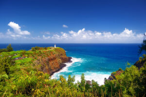 Kilauea lighthouse bay on a sunny day in Kauai, Hawaii
