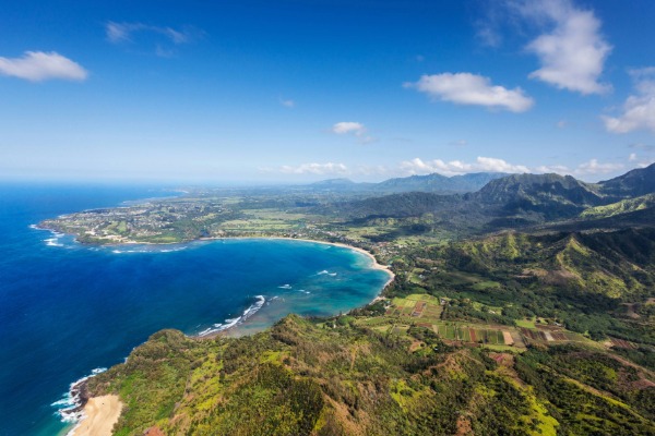aerial view of kauai and hanalei town